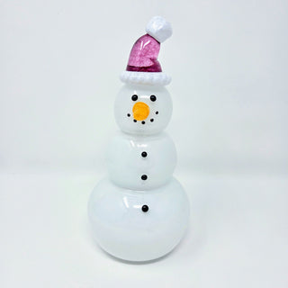 Blown Glass Snowperson with Dark Pink Cap