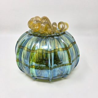 Blown Glass Pumpkin- Green Iridescent with Clear Swirl