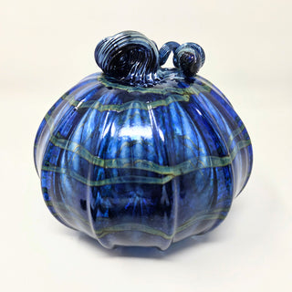 Blown Glass Pumpkin- Iridescent Dark Blue with Yellow Swirl