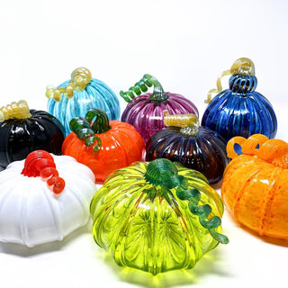 Handblown glass pumpkins in various colors