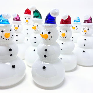 Handblown glass snowpeople with various colored hats